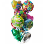 Cluster of colorful foil balloons with welcome and good luck messages