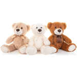 Three plush teddy bears in beige, white, and brown with bows