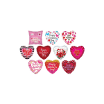 Assorted heart-shaped Valentine's Day balloons with printed messages