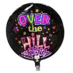 Round black balloon with colorful "Over the Hill" text