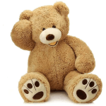 Large light brown teddy bear plush toy sitting with one paw raised