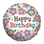 Round birthday balloon with colorful flower pattern and "Happy Birthday" text