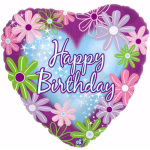 Heart-shaped birthday balloon with floral graphics and "Happy Birthday" text