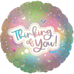 Round pastel balloon with "Thinking of You!" text and heart confetti