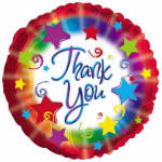 Round foil balloon with "Thank You" text and colorful stars