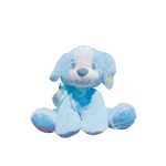 Blue plush puppy with a ribbon and baby tag