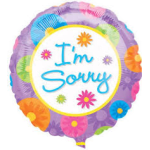 Round purple balloon with colorful flowers and the words I'm Sorry in blue script