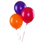 Three colorful balloons on strings against a white background