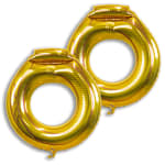 Two gold ring-shaped foil balloons on a white background