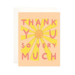 Thank-you card with a smiling sun and pink lettering