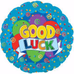Round balloon with "Good Luck" text and colorful confetti design