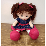 Plush doll with brown yarn hair, blue dress, and pink shoes