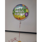 Round get well soon balloon with a red ribbon