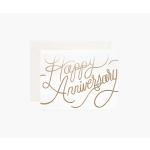 Happy Anniversary card with gold script on a white background