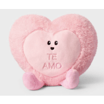 Pink heart-shaped plush toy with "TE AMO" embroidered on the front