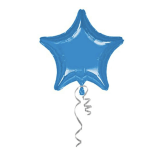 Blue star-shaped foil balloon with a silver curling ribbon