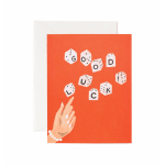 Orange greeting card with "GOOD LUCK" and a hand illustration