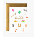 Greeting card with "Good Luck!" and colorful icons in a gold envelope