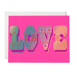 Pink greeting card with the word LOVE in patterned letters