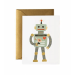 Greeting card with a robot illustration and gold envelope