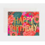 Birthday card with floral pattern and large "HAPPY BIRTHDAY" text