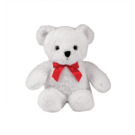 White teddy bear with a red ribbon bow