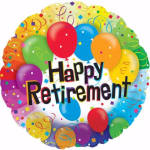 Colorful balloon graphic with the words Happy Retirement