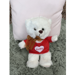 White teddy bear in a red shirt with a heart and ribbon