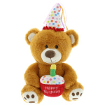 Teddy bear wearing a birthday hat and holding a cupcake