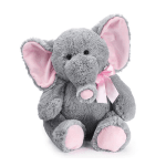 Gray plush elephant with pink ears and ribbon