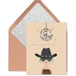 Birthday card with a disco ball and cowgirl illustration in a glittery envelope