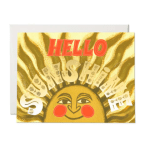 Greeting card with a gold sun illustration and the words "HELLO SUNSHINE"