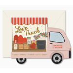 Pink flower truck card with hearts and a bouquet illustration