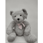 Gray teddy bear with a pink ribbon and hanging tag