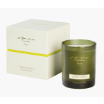 Green scented candle in a glass jar with matching box