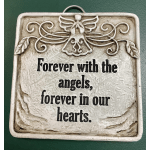 Decorative memorial plaque with an angel and the words "Forever with the angels"