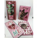 Four Valentine-themed greeting cards with hearts and pet photos