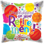 Colorful retirement balloon pillow with confetti and congratulatory text