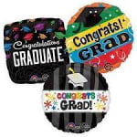 Three graduation balloons with congratulatory text and cap graphics