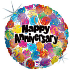 Round balloon with colorful confetti and "Happy Anniversary" text