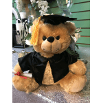 Teddy bear in a graduation cap and gown holding a diploma