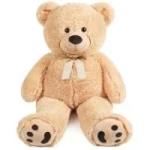 Beige teddy bear with a ribbon bow sitting on a white background