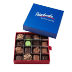 Open blue and red box of assorted chocolates with logo on the lid