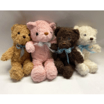 Four small teddy bears in tan, pink, brown, and white with blue ribbons
