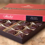 Box of sea salt caramels in a red gift box