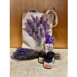 Lavender gift set with a tote bag, dried flowers, and scented jars