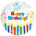 Birthday balloon with colorful candles and fireworks graphics