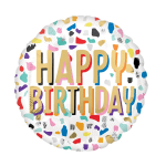 Round birthday balloon with colorful confetti and "HAPPY BIRTHDAY" text