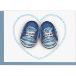 Pair of blue paper shoes inside a heart outline of beads