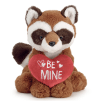 Plush raccoon holding a red heart that says "BE MINE"